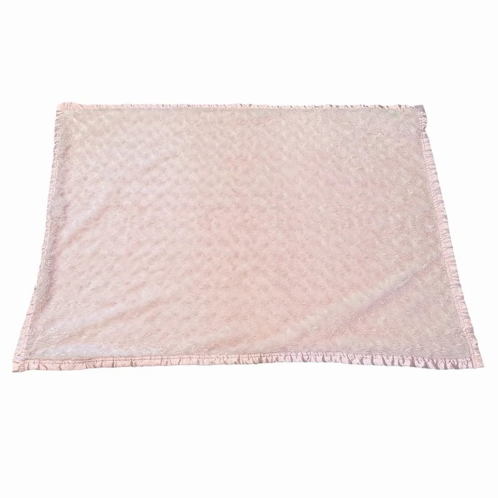 Small Wonders Solid Pink Swirl Plush Baby Blanket Satin Trim And Back 30x39